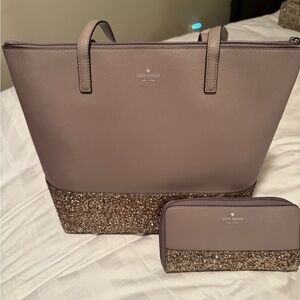 Kate Spade Tan Taupe Glitter Tote purse Shoulder Bag & Wallet